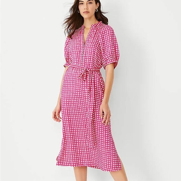Ann Taylor Petite Pink Gingham Puff Sleeve Belted Midi Shirtdress Size Small P - Picture 1 of 10